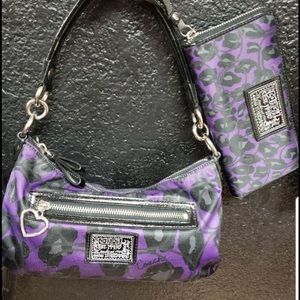 Coach purple leopard print purse and wallet